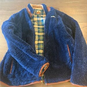 Mens Jacket. Trim is leather. Plaid cotton inside. Blue fleece outside